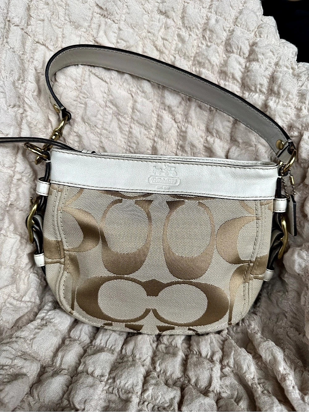 Coach Signature Stripe Demi Pouch Hobo Bag White & Brown